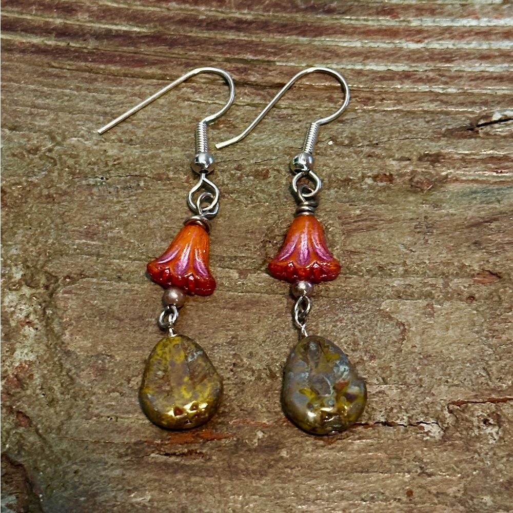Orange and Pink Floral with Green Leaf Drop Earrings